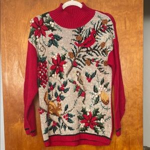 Talbots vintage festive Red and Cream Women's bird and squirrel Sweater